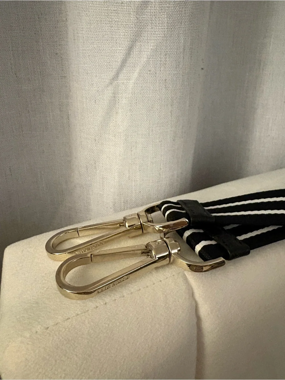 kate spade Gold-Tone Key Ring with Black & White Stripe Strap